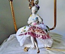 Vintage Lamp Ribbonwork On Pleated Chiffon Shades Porcelain Half Doll & Flowers