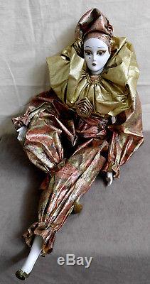 Vintage Large Harlequin Pierrot Clown Porcelain Doll Brocade Costume 27'