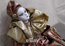 Vintage Large Harlequin Pierrot Clown Porcelain Doll Brocade Costume 27'