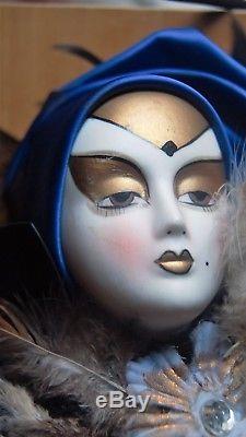 Vintage Large Harlequin Pierrot Clown Porcelain Doll Brocade Costume Harlequin