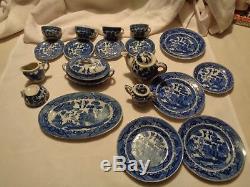 Vintage MIJ 22 piece set doll size BLUE WILLOW dish set 1 chip in the EXTRA cup