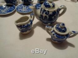 Vintage MIJ 22 piece set doll size BLUE WILLOW dish set 1 chip in the EXTRA cup