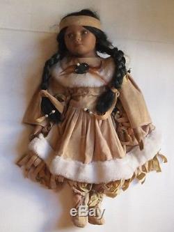 Vintage Native American Indian Doll Porcelain Head Arms Foot Velvet Cloth Pearls