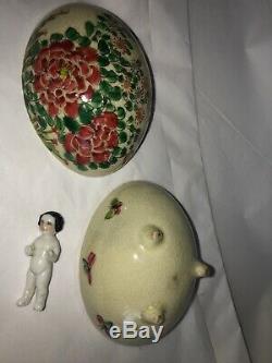 Vintage OLD Hand Painted Egg Trinket Box & porcelain mini doll in hand-made bed