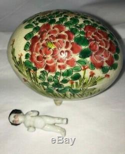 Vintage OLD Hand Painted Egg Trinket Box & porcelain mini doll in hand-made bed