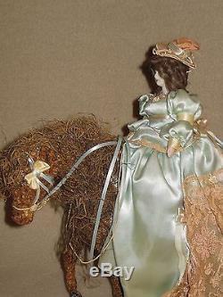 Vintage Ooak Porcelain Doll Riding Side Saddle On Paper Mache Horse