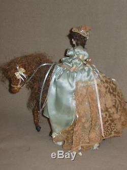 Vintage Ooak Porcelain Doll Riding Side Saddle On Paper Mache Horse