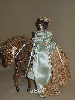 Vintage Ooak Porcelain Doll Riding Side Saddle On Paper Mache Horse