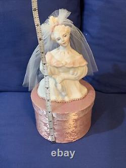 Vintage PORCELAIN Half Bride Doll On Fabric Trinket Box 11 x 6