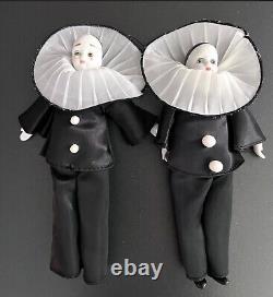 Vintage Pierrot Clown Doll Ornaments Black White Porcelain Head, Hands & Feet