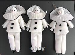 Vintage Pierrot Clown Doll Ornaments Black White Porcelain Head, Hands & Feet