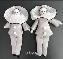 Vintage Pierrot Clown Doll Ornaments Black White Porcelain Head, Hands & Feet