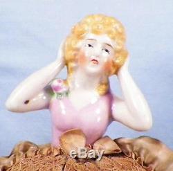 Vintage Pin Cushion Doll Porcelain Blonde Hair Original Pink Dress & Base Half