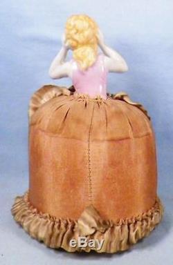 Vintage Pin Cushion Doll Porcelain Blonde Hair Original Pink Dress & Base Half