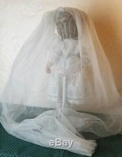 Vintage Porcelain 16 Blonde Doll White Pink Lace Wedding Dress & Stand