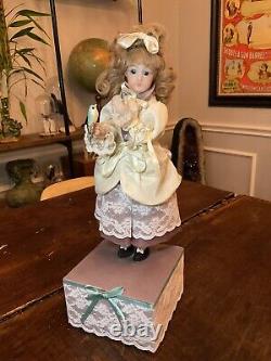 Vintage Porcelain Automaton Mechanical Musical Wind Up Doll & Bird Box