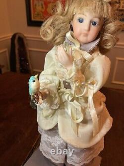 Vintage Porcelain Automaton Mechanical Musical Wind Up Doll & Bird Box