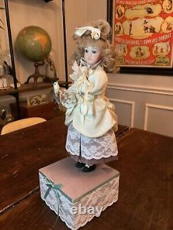 Vintage Porcelain Automaton Mechanical Musical Wind Up Doll & Bird Box