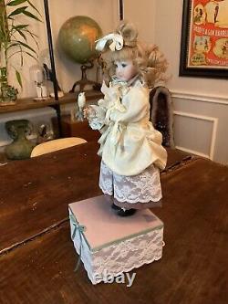 Vintage Porcelain Automaton Mechanical Musical Wind Up Doll & Bird Box