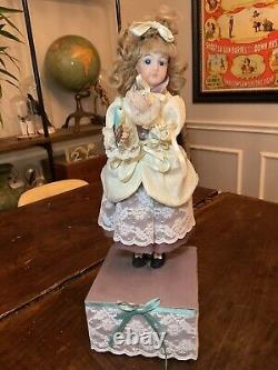 Vintage Porcelain Automaton Mechanical Musical Wind Up Doll & Bird Box