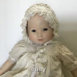 Vintage Porcelain Baby Doll Antique Beige Christening Gown and Bonnet 24 RARE