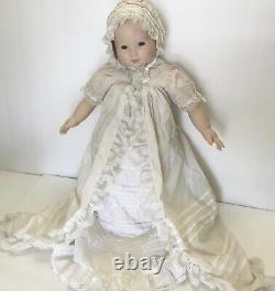 Vintage Porcelain Baby Doll Antique Beige Christening Gown and Bonnet 24 RARE