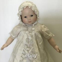 Vintage Porcelain Baby Doll Antique Beige Christening Gown and Bonnet 24 RARE