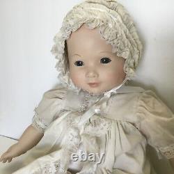 Vintage Porcelain Baby Doll Antique Beige Christening Gown and Bonnet 24 RARE