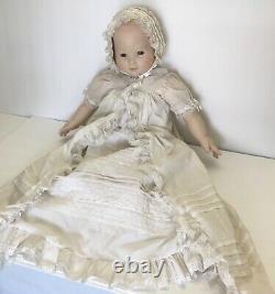 Vintage Porcelain Baby Doll Antique Beige Christening Gown and Bonnet 24 RARE
