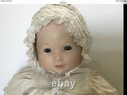 Vintage Porcelain Baby Doll Antique Beige Christening Gown and Bonnet 24 RARE