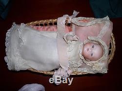 Vintage Porcelain Baby Doll In Basket, Very Old, 9 Long, No Box