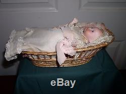 Vintage Porcelain Baby Doll In Basket, Very Old, 9 Long, No Box