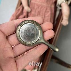 Vintage Porcelain Bisque Baby Doll W Wooden Cradle & Mirror