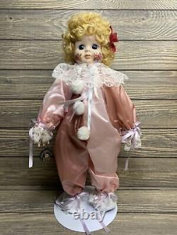 Vintage Porcelain Doll Brinns 1990 Girl Clown Pink Suit White Lace Flowers 17