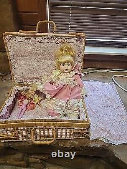 Vintage Porcelain Doll In Wicker Carrying Case with Pillow