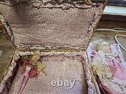 Vintage Porcelain Doll In Wicker Carrying Case with Pillow