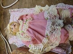 Vintage Porcelain Doll In Wicker Carrying Case with Pillow