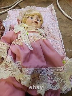 Vintage Porcelain Doll In Wicker Carrying Case with Pillow