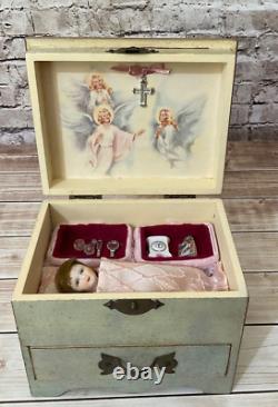 Vintage Porcelain Doll in Christian Travel Box with Accessories