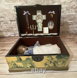 Vintage Porcelain Doll in Religious Wooden Box, Bible, Candle, Cross & Rosary