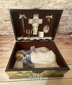 Vintage Porcelain Doll in Religious Wooden Box, Bible, Candle, Cross & Rosary