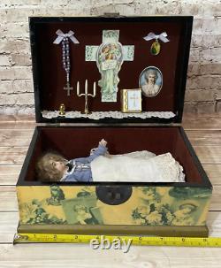 Vintage Porcelain Doll in Religious Wooden Box, Bible, Candle, Cross & Rosary