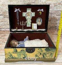 Vintage Porcelain Doll in Religious Wooden Box, Bible, Candle, Cross & Rosary