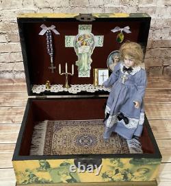 Vintage Porcelain Doll in Religious Wooden Box, Bible, Candle, Cross & Rosary