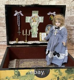 Vintage Porcelain Doll in Religious Wooden Box, Bible, Candle, Cross & Rosary