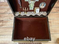 Vintage Porcelain Doll in Religious Wooden Box, Bible, Candle, Cross & Rosary