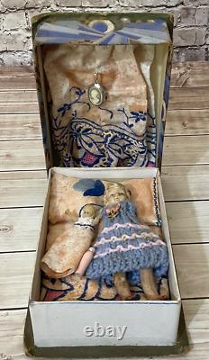 Vintage Porcelain Doll with Baby in Old Art Deco Box with Accessories