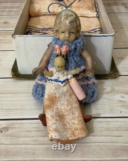 Vintage Porcelain Doll with Baby in Old Art Deco Box with Accessories