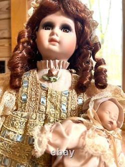 Vintage Porcelain Doll with Porcelain Baby, Real eyelashes