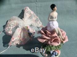 Vintage Porcelain Flapper Half Doll with legs Miniature Fairy on Porcelain Rose